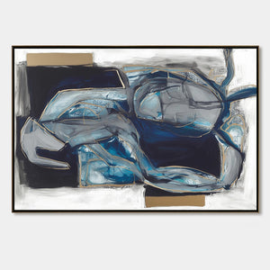 Abstract art piece with blue and gray colors on a white background