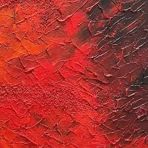 INFERNO: Textured red, black, and orange abstract impasto original painting detail.
