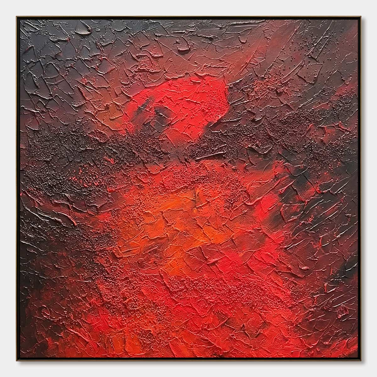 Fiery red, orange, black impasto abstract painting 'INFERNO', original textured modern wall art.