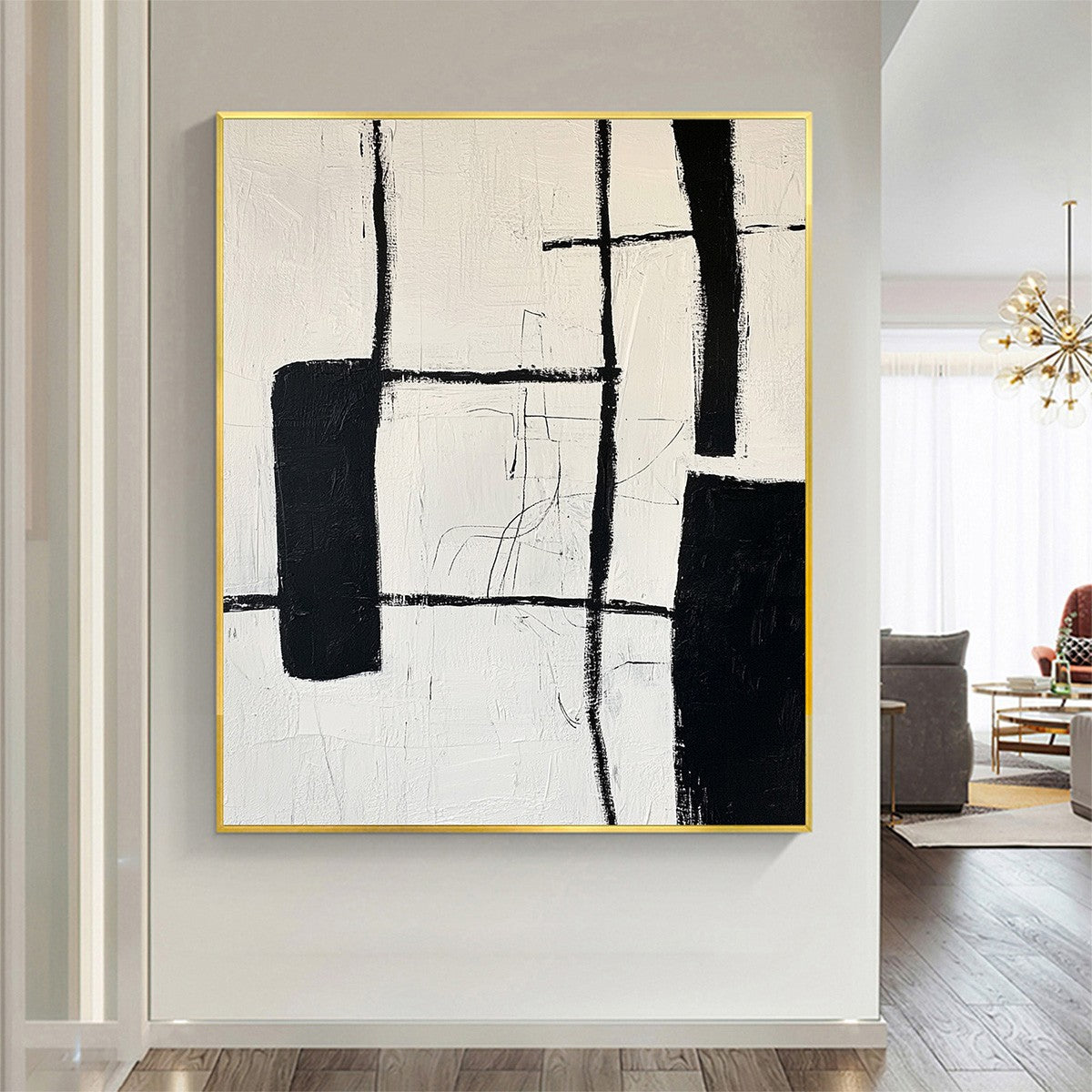 Intersection: Original Minimalist Textured Abstract Oil Painting - Black White Vertical Wall Art Decor