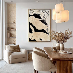 INTERTWINED: Large Vertical Minimalist Black and Beige Abstract Painting