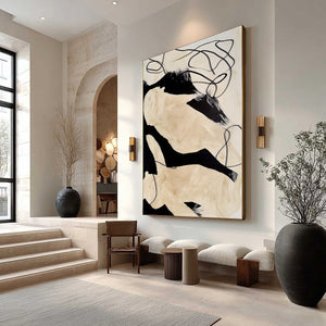 INTERTWINED: Large Vertical Minimalist Black and Beige Abstract Painting