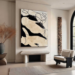 INTERTWINED: Large Vertical Minimalist Black and Beige Abstract Painting