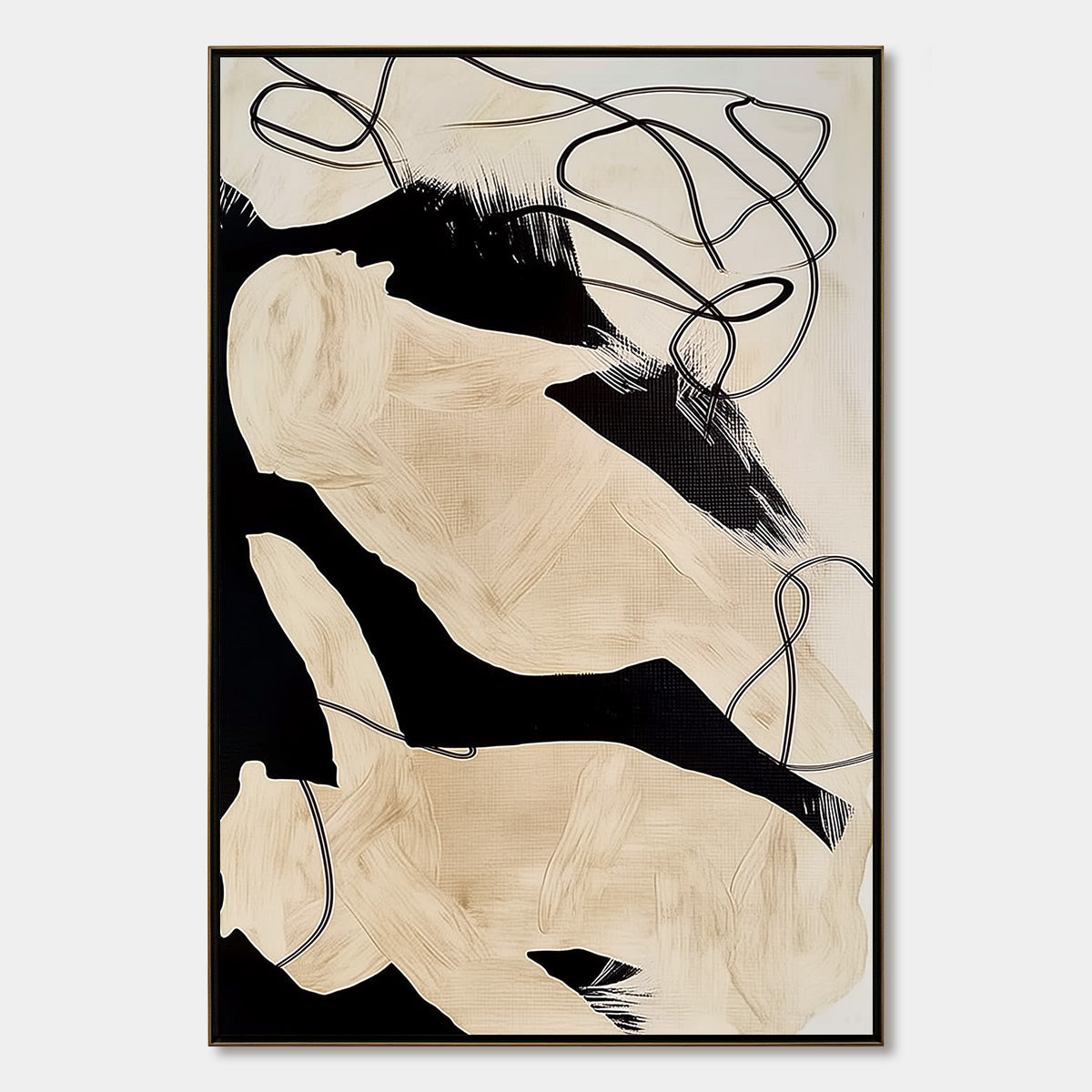 INTERTWINED: Large Vertical Minimalist Black and Beige Abstract Painting