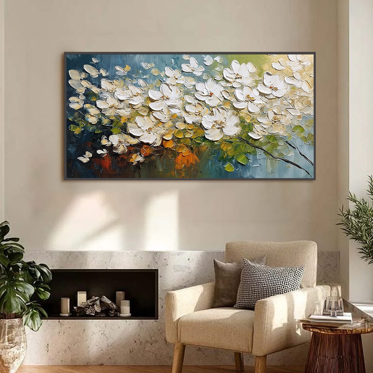 IVORY BLOOM: Textured White Floral Impasto Oil Paintinga