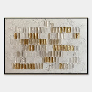 White gold relief abstract wall art with textured handmade blocks in a black frame
