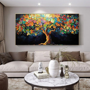 Rainbow Bloom: Original Impasto Oil Painting of a Floral Tree - Palette Knife Textured Art