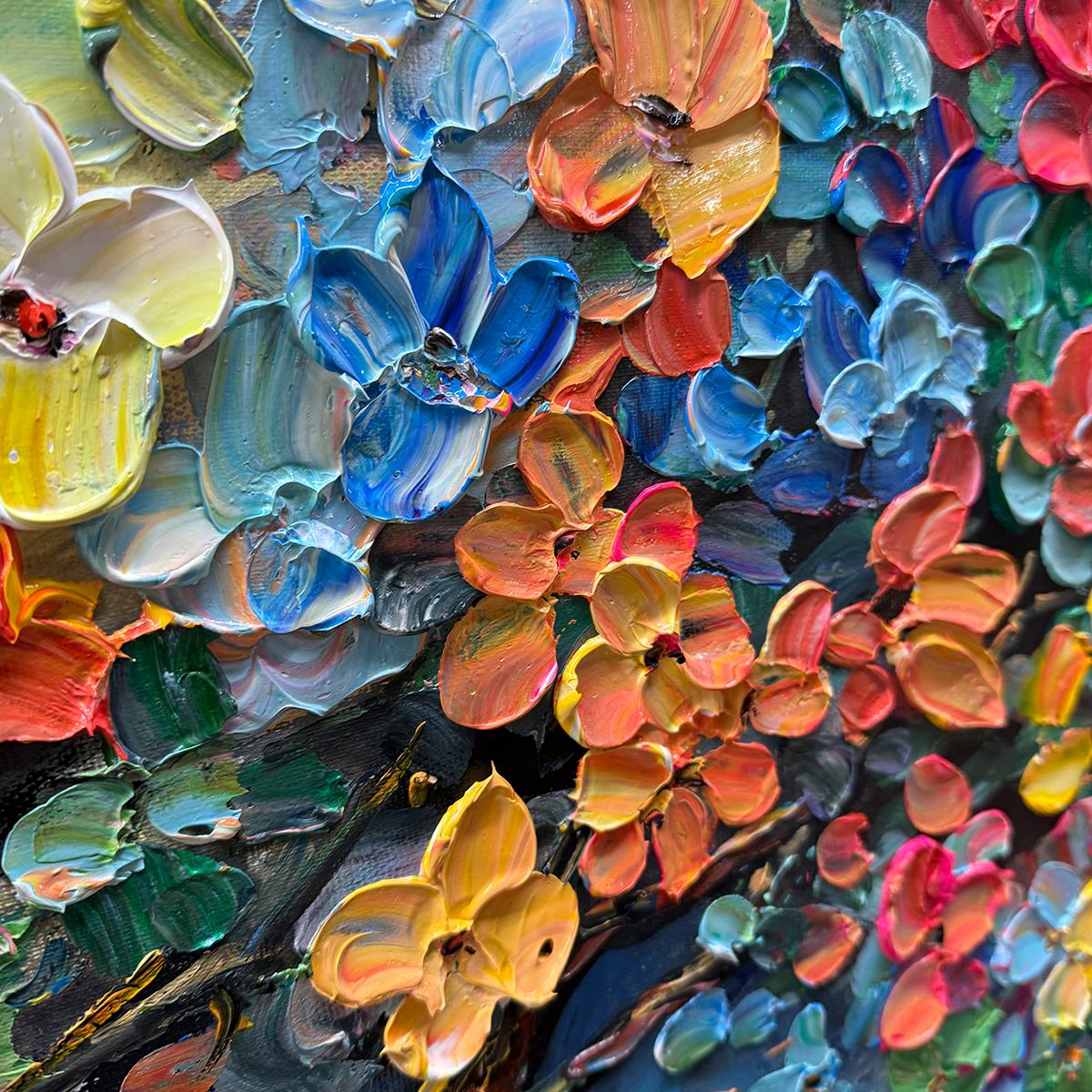 RAINBOW BLOOM: Impasto Palette Knife Floral Tree Painting