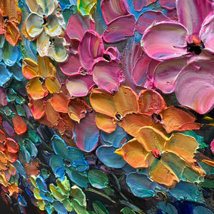 Rainbow Bloom: Original Impasto Oil Painting of a Floral Tree - Palette Knife Textured Art