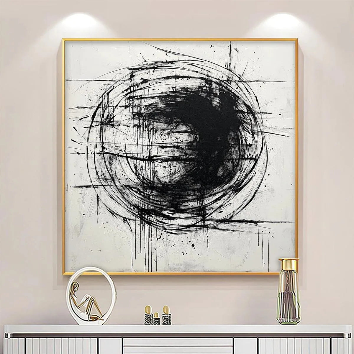 Ink Vortex: Minimalist Black and White Abstract Oil Painting on Canvas