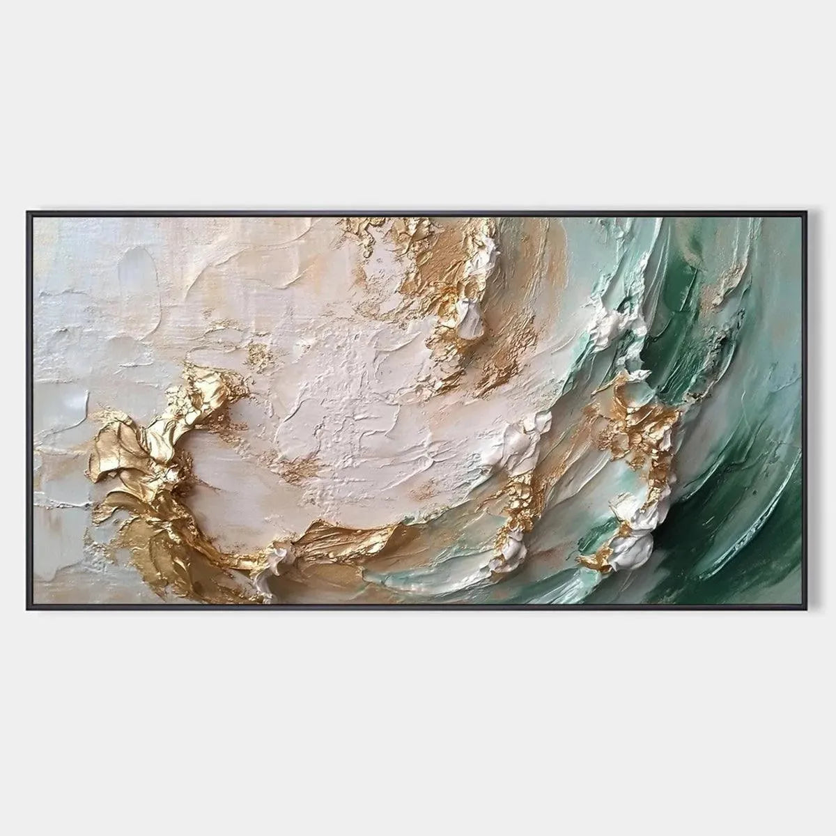 Jade Aurora: Green and Gold Abstract Impasto Oil Painting on