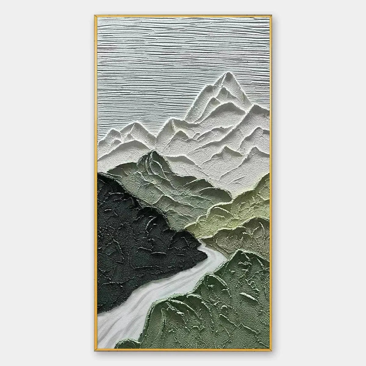 JADE PEAK textured green and white mountain landscape painting. Minimalist art with river, gold frame. Vertical decor.