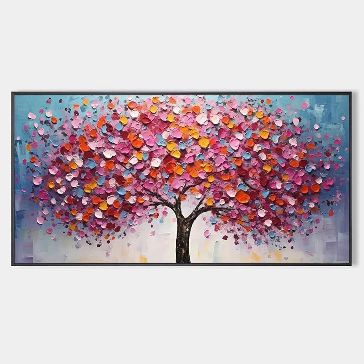 Textured impasto painting of a vibrant tree with pink, orange, blue & yellow jewel-toned leaves.