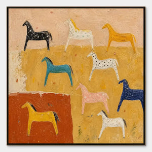 Colorful handmade horse painting with abstract folk style, framed modern wall art