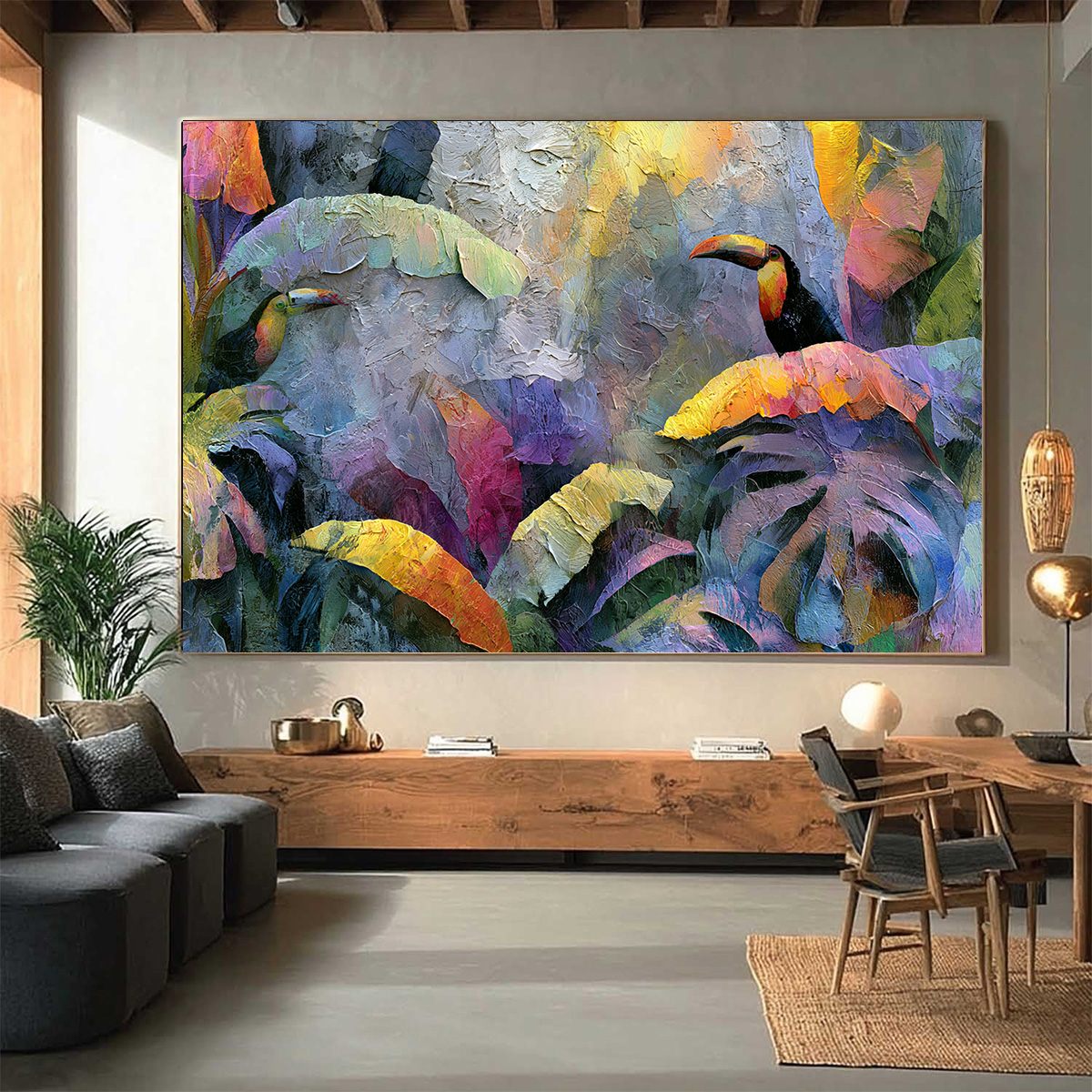 JUNGLE SANCTUARY: Heavily Textured Impasto Toucan & Tropical Leaf Painting