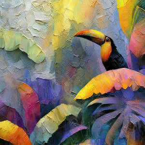 Impasto toucan amid vibrant tropical leaves, textured handmade oil painting wall art
