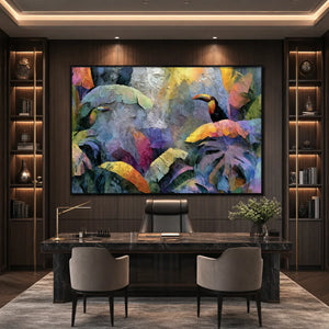 Heavily textured toucan and tropical leaf oil painting in a modern office