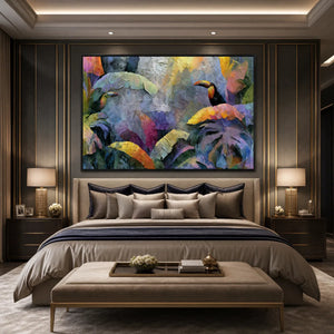 Heavily textured impasto toucan and tropical leaf wall art above modern luxury bed