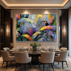 Heavily textured impasto toucan and tropical leaf wall art in vibrant colors