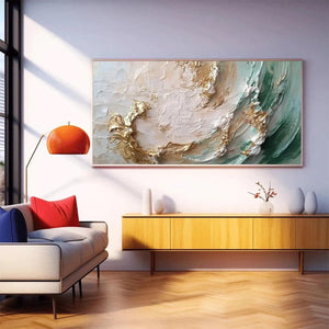 Jade Aurora: Green and Gold Abstract Impasto Oil Painting on Canvas