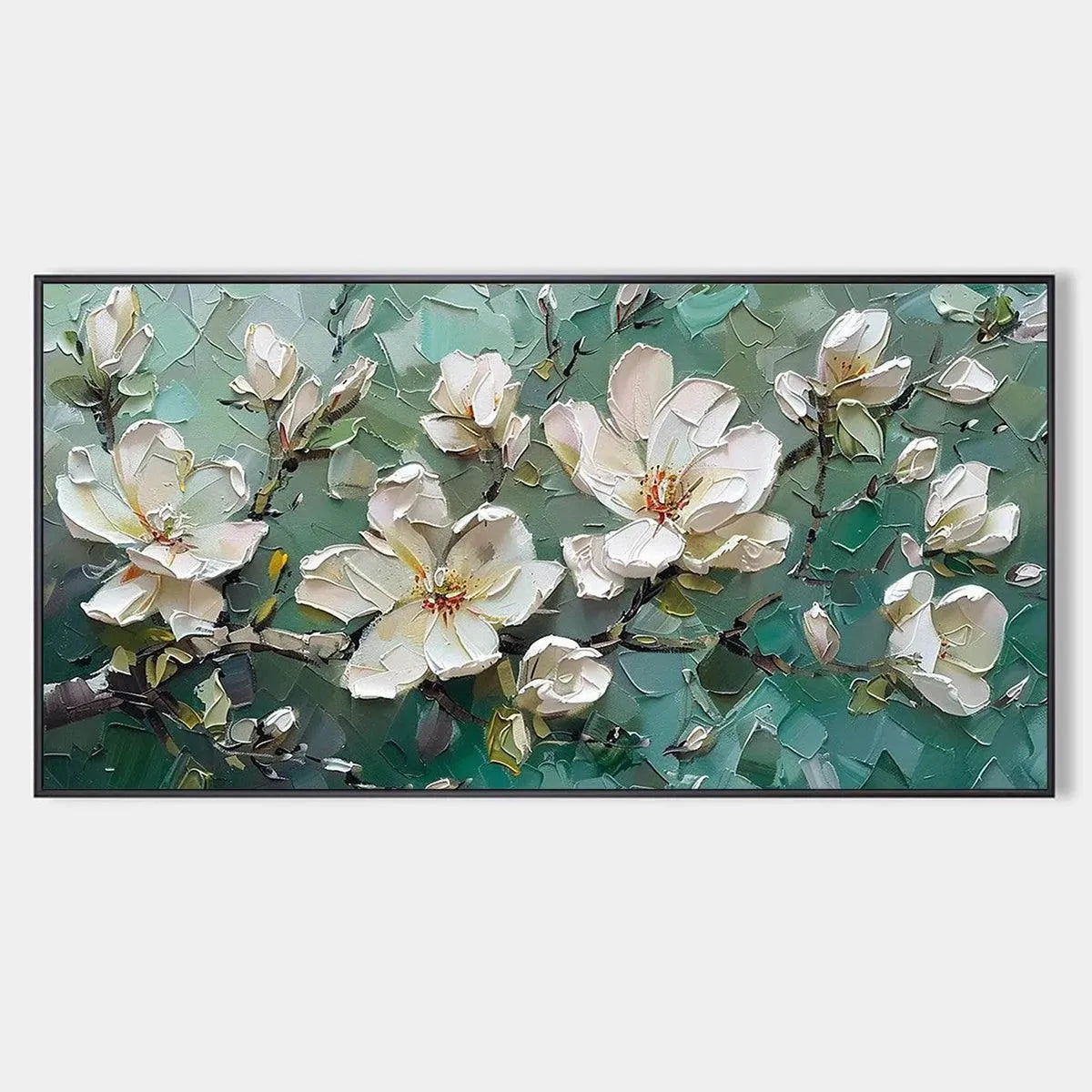 Impasto painting: White magnolias textured on teal background, for living room decor.