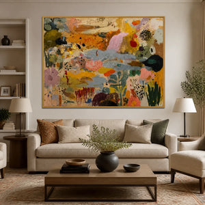 Chromatic Garden Drift in a living room with gold frame