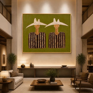 TWIN SOLSTICE FIGURES displayed in a refined hotel