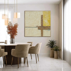 Juncture textured Wabi Sabi abstract oil painting with figures in beige and brown.