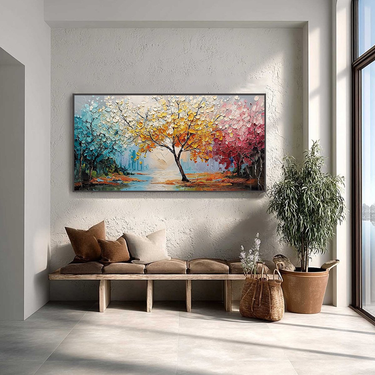 KALEIDOSCOPE OF SEASONS: Large Textured Palette Knife Tree Landscape Oil Painting