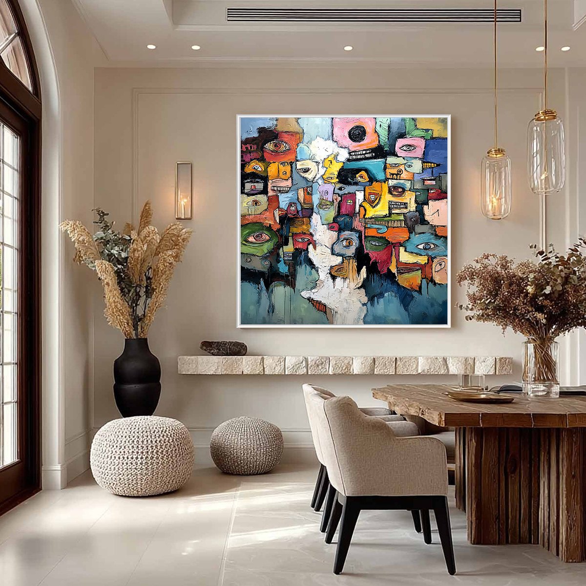 KALEIDOSCOPE OF SOULS: Large Colorful Abstract Faces Oil Painting