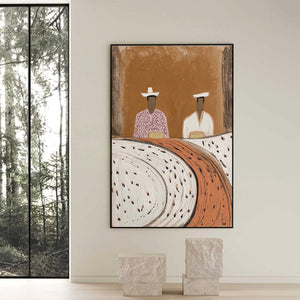 Textured Wabi-Sabi abstract portrait painting of two figures, original acrylic wall art.