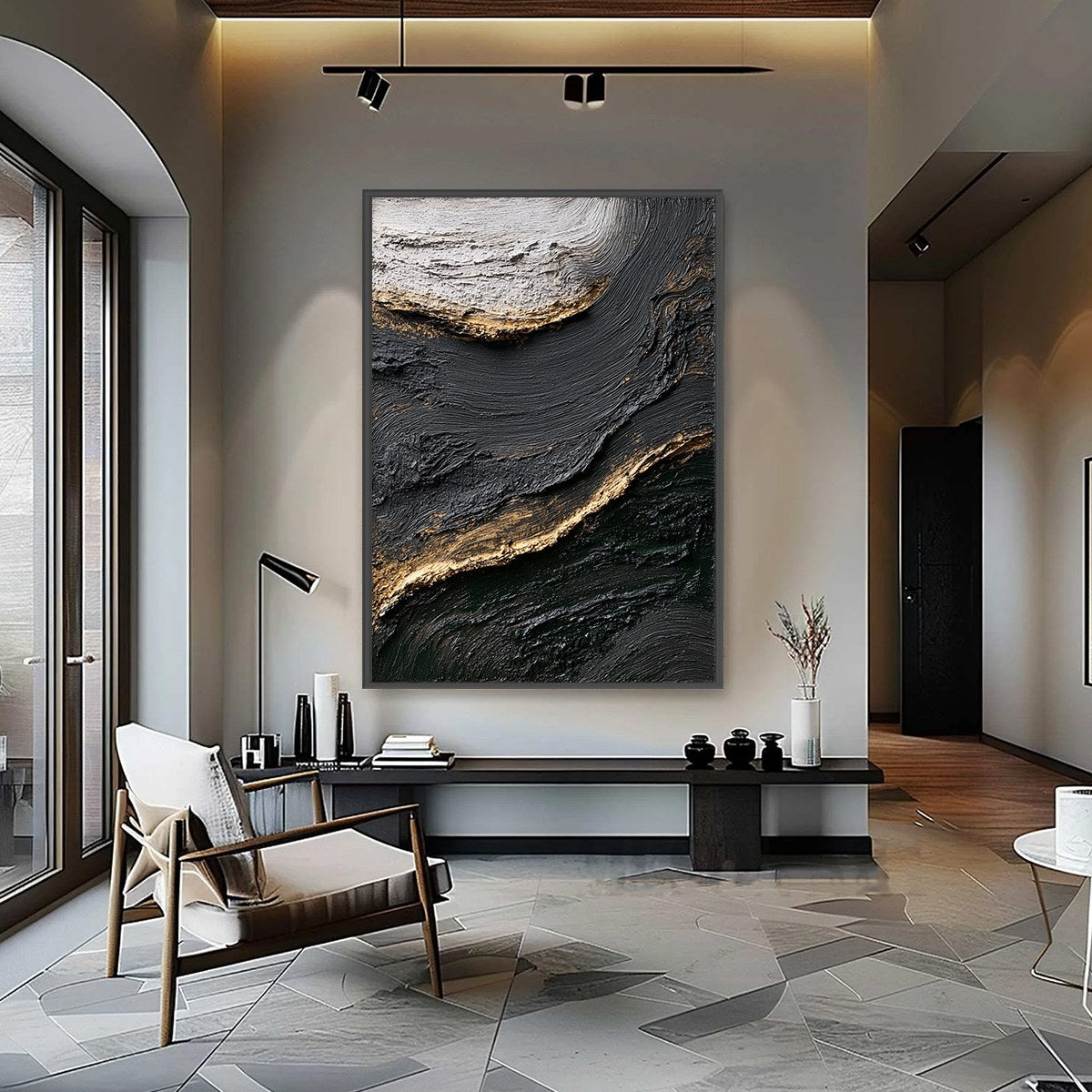 KINTSUGI RIVER: Wabi Sabi Textured Abstract Art in Black, White, and Gold