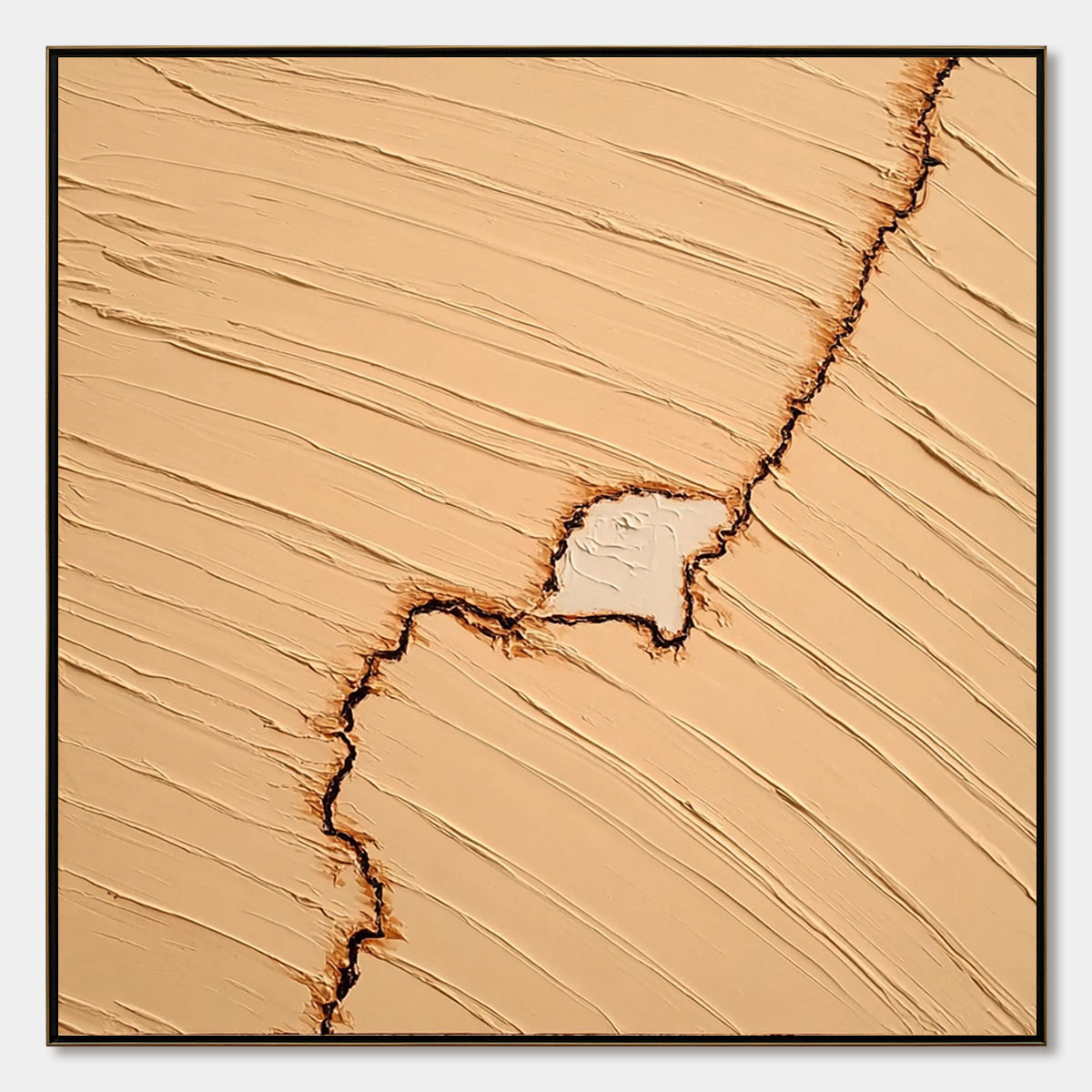 Original Kintsugi impasto abstract painting, textured beige with dark fissure, Wabi-Sabi wall art.