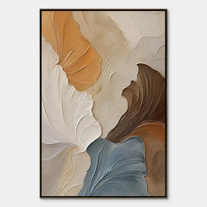 Layered neutral organic abstract wall art with textured beige, brown and blue-grey waves