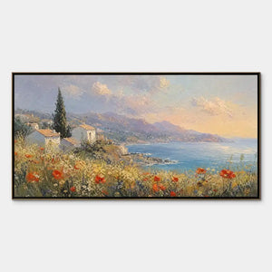 Mediterranean coastal landscape painting with seaside village, wildflowers, and sunset light