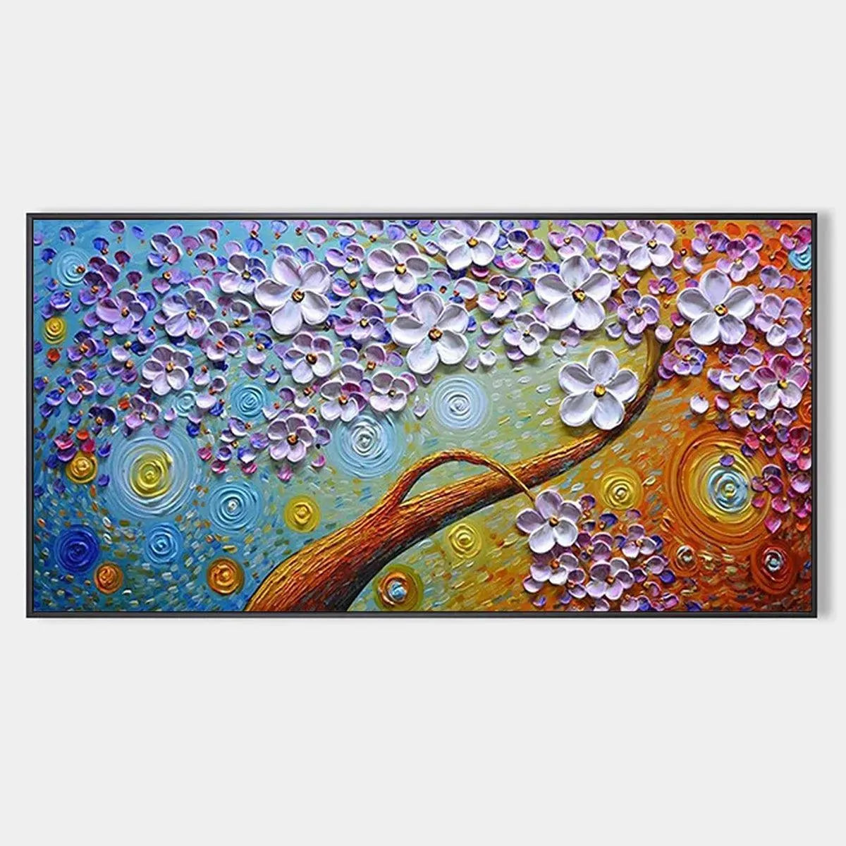 Lilac Dream textured floral painting: white and lilac blossoms, golden branch, vibrant purple, gold, blue, orange background.