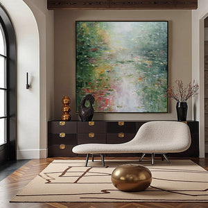 LILY POND REVERIE: Square Impressionist Water Lily Pond Oil Painting
