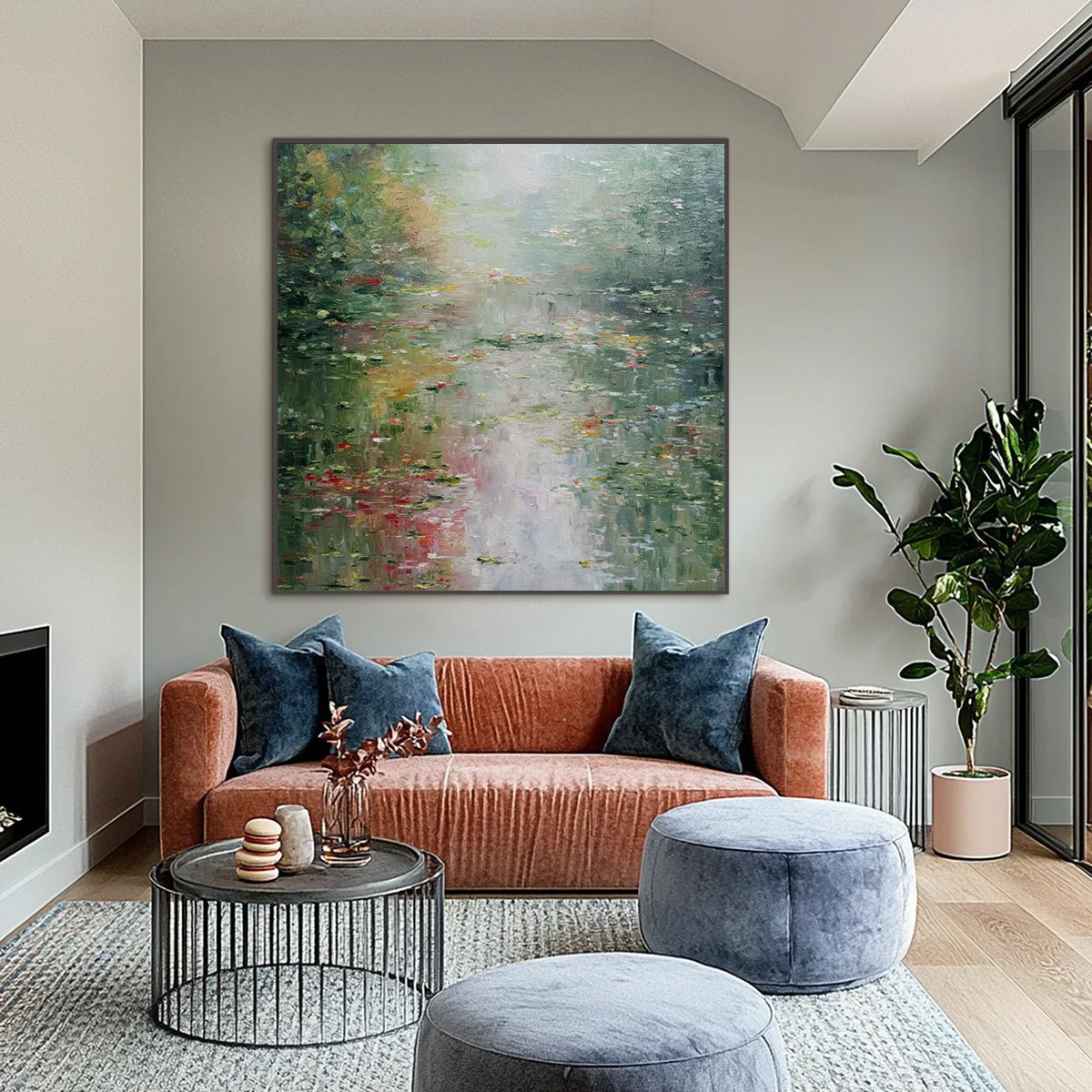 LILY POND REVERIE: Square Impressionist Water Lily Pond Oil Painting