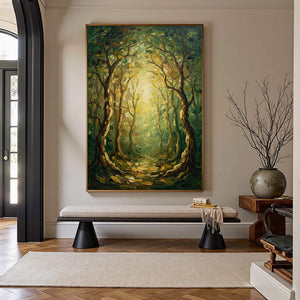 LUMINOUS TRAIL: Textured Impasto Forest Path Oil Painting