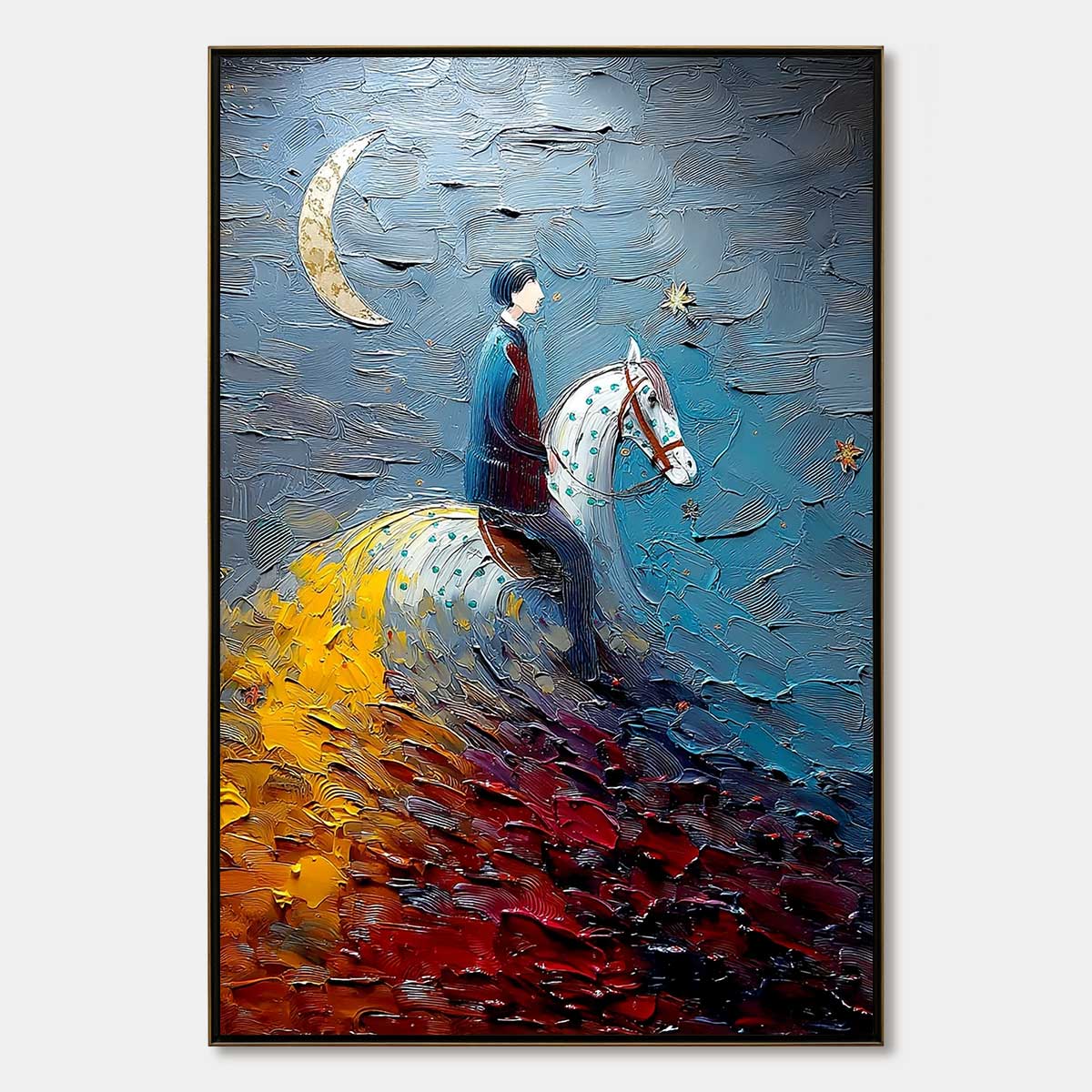 LUNAR JOURNEY: Textured Figurative Painting of a Rider Under the Moon