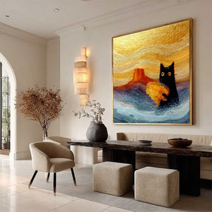 LUNAR THIEF: Whimsical Black Cat Impasto Texture Painting