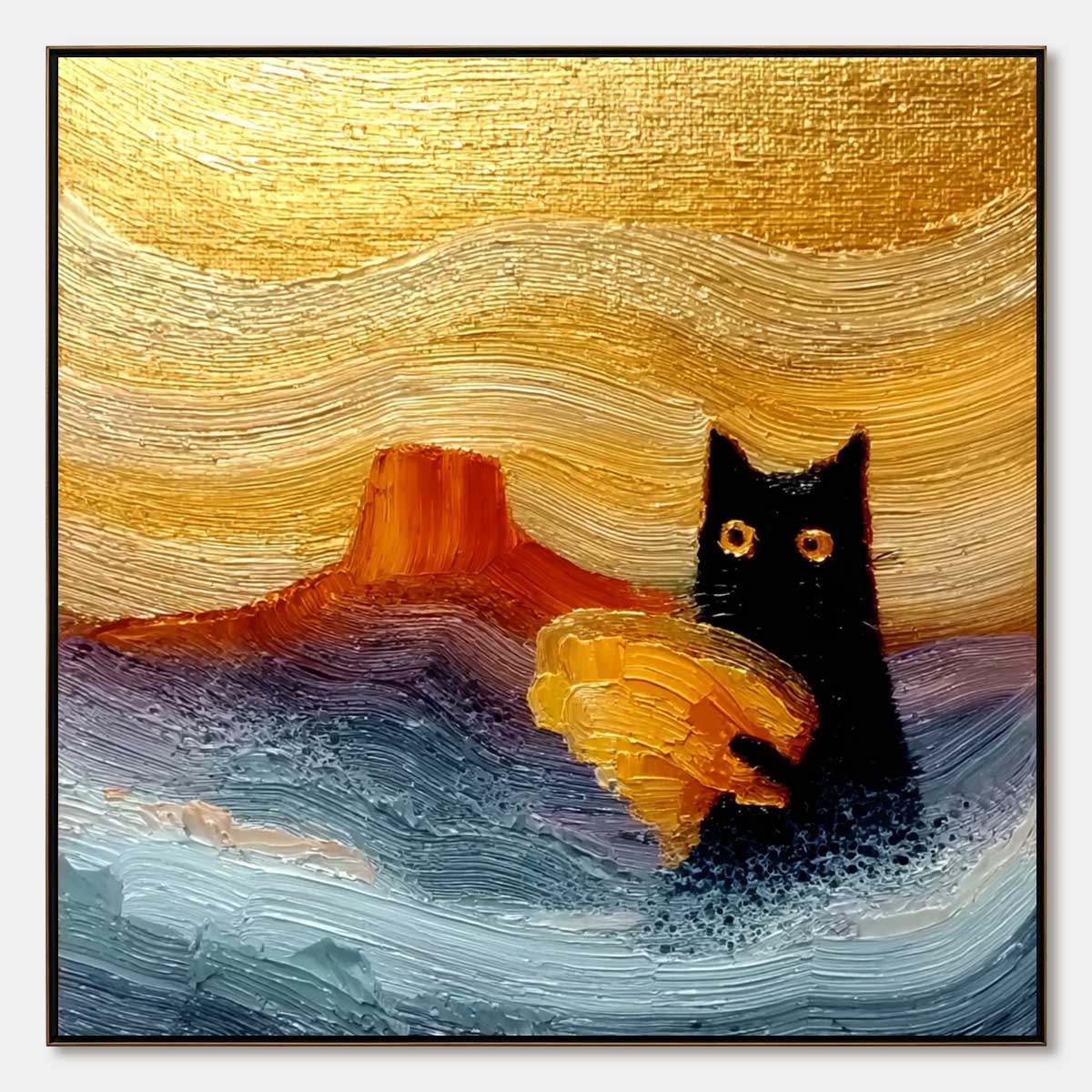 絵画 blackcat LUNAR THIEF: Textured Black Cat Impasto Oil Painting Wall Art