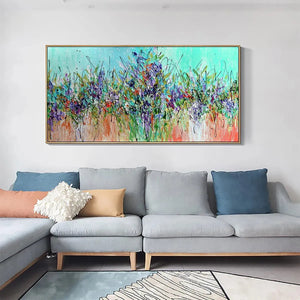 Lilac Meadow: Panoramic Floral Impasto Oil Painting on Canvas
