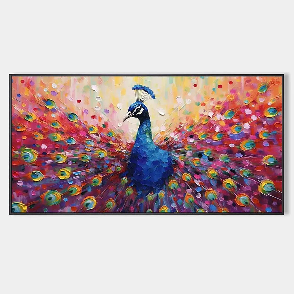 Vibrant peacock oil painting on canvas by Willow Davies, showcasing fanned tail feathers with rich colors.