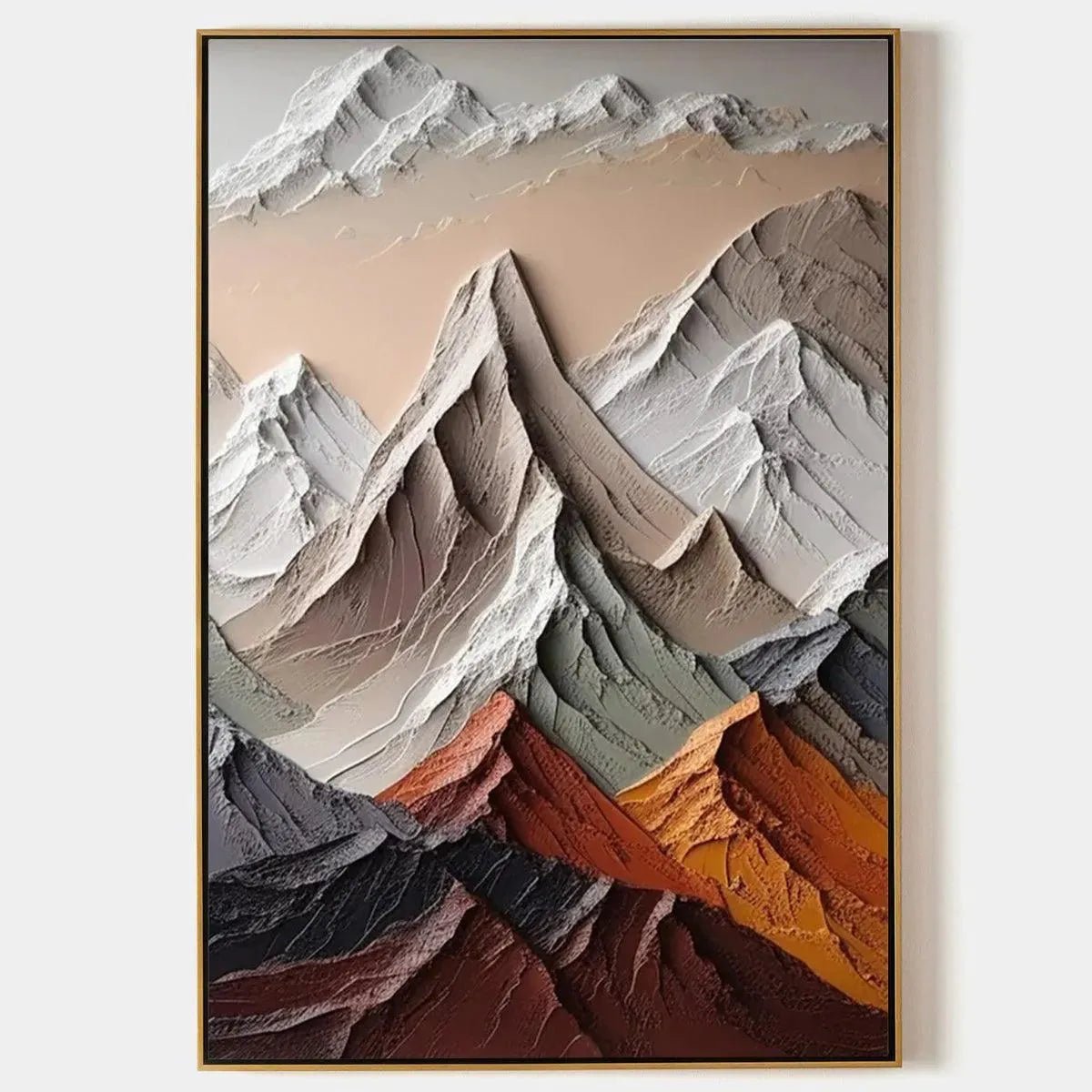 Textured impasto mountain landscape painting in earthy tones, showcasing depth and Wabi Sabi aesthetic.