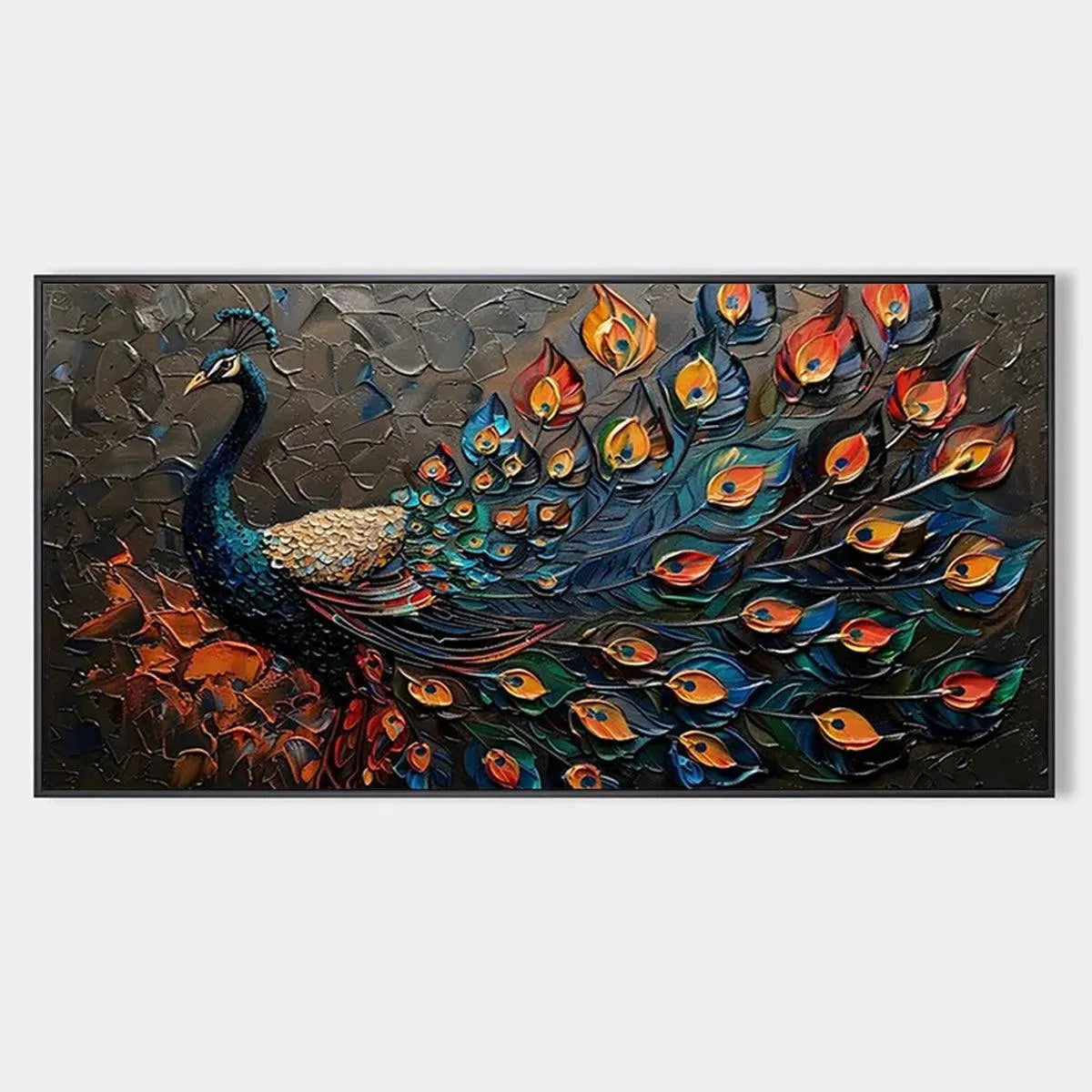Textured Peacock Painting, Impasto Wall Art, Horizontal Canvas, Animal Decor