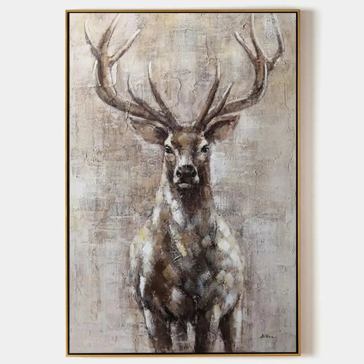 MAJESTIC STAG Textured Stag Painting by Ethan Walker, Vertical wall art with a textured finish and neutral tones.
