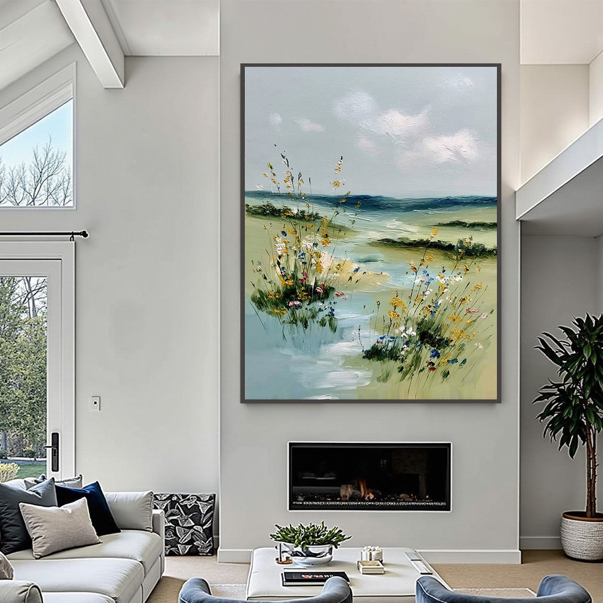 MEADOW WHISPERS: Textured Vertical Landscape Painting of a Wildflower Meadow