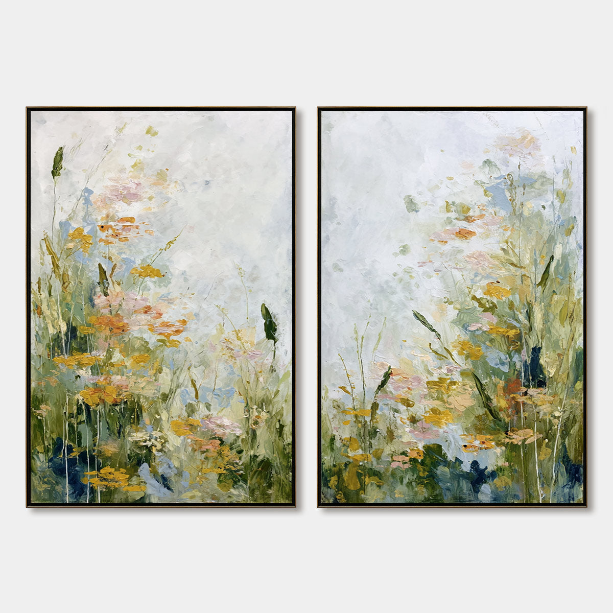 MEADOW'S WHISPER: Impressionist Wildflower Meadow Painting Diptych