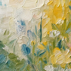 Textured impasto oil painting of a wildflower field in white, yellow, green and blue